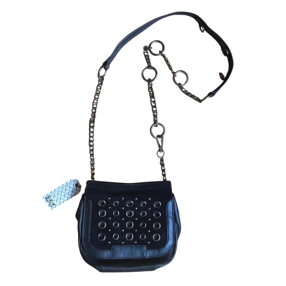 S.E.F. NY Black Leather Studded Grommet Chain Crossbody Bag Grunge Punk NWT